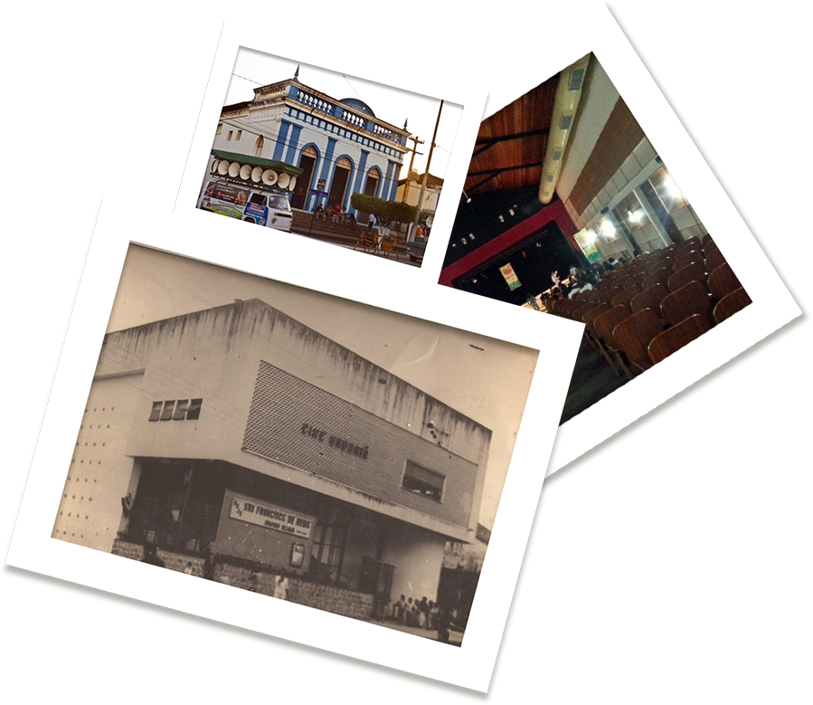 Fotos reais antigas de cinemas regionais em diferentes cidades.