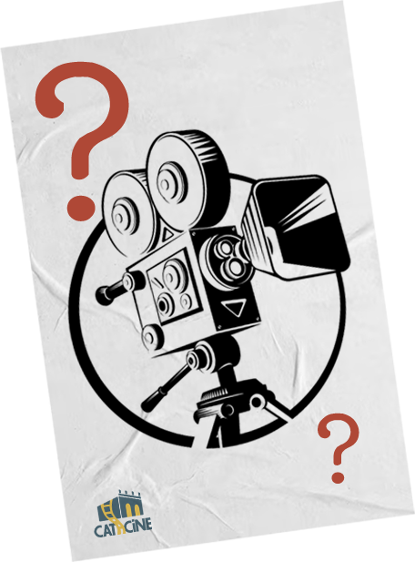 Câmera de cinema antigo em preto e branco com duas interrogações vermelhas uma em cima da câmera e a outra a baixo e no canto inferior esquerdo o logotipo do catacine.